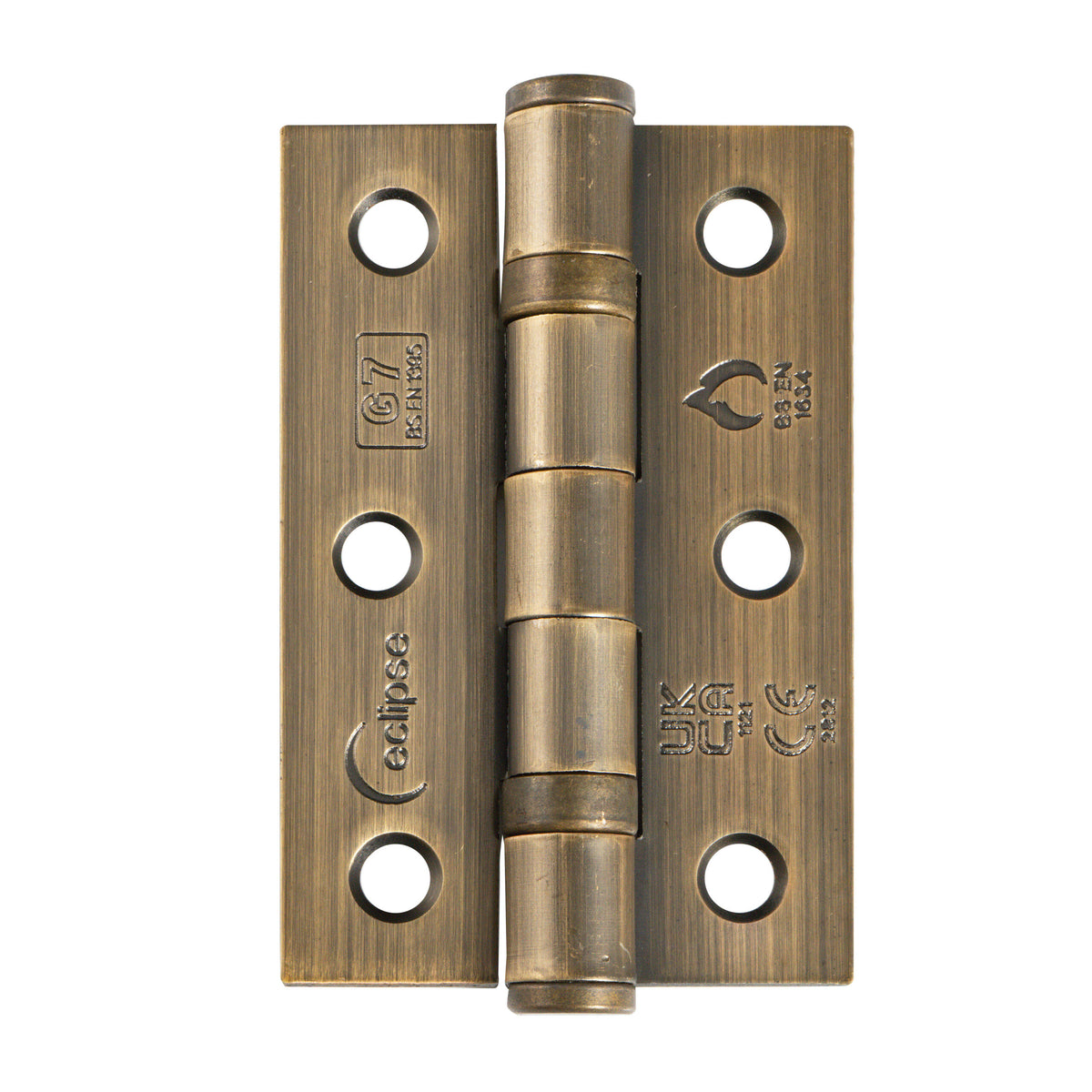 Antique brass knurled lever door handle set with round rose backplates, three matching brass door hinges, tubular latch, strike plate and fixing screws for internal doors.