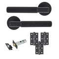 Matt black knurled lever door handle set with round rose backplates, three black door hinges, tubular latch and matching strike plate for internal doors.