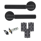 Matt black knurled lever door handle set with round rose backplates, three black door hinges, tubular latch and matching strike plate for internal doors.