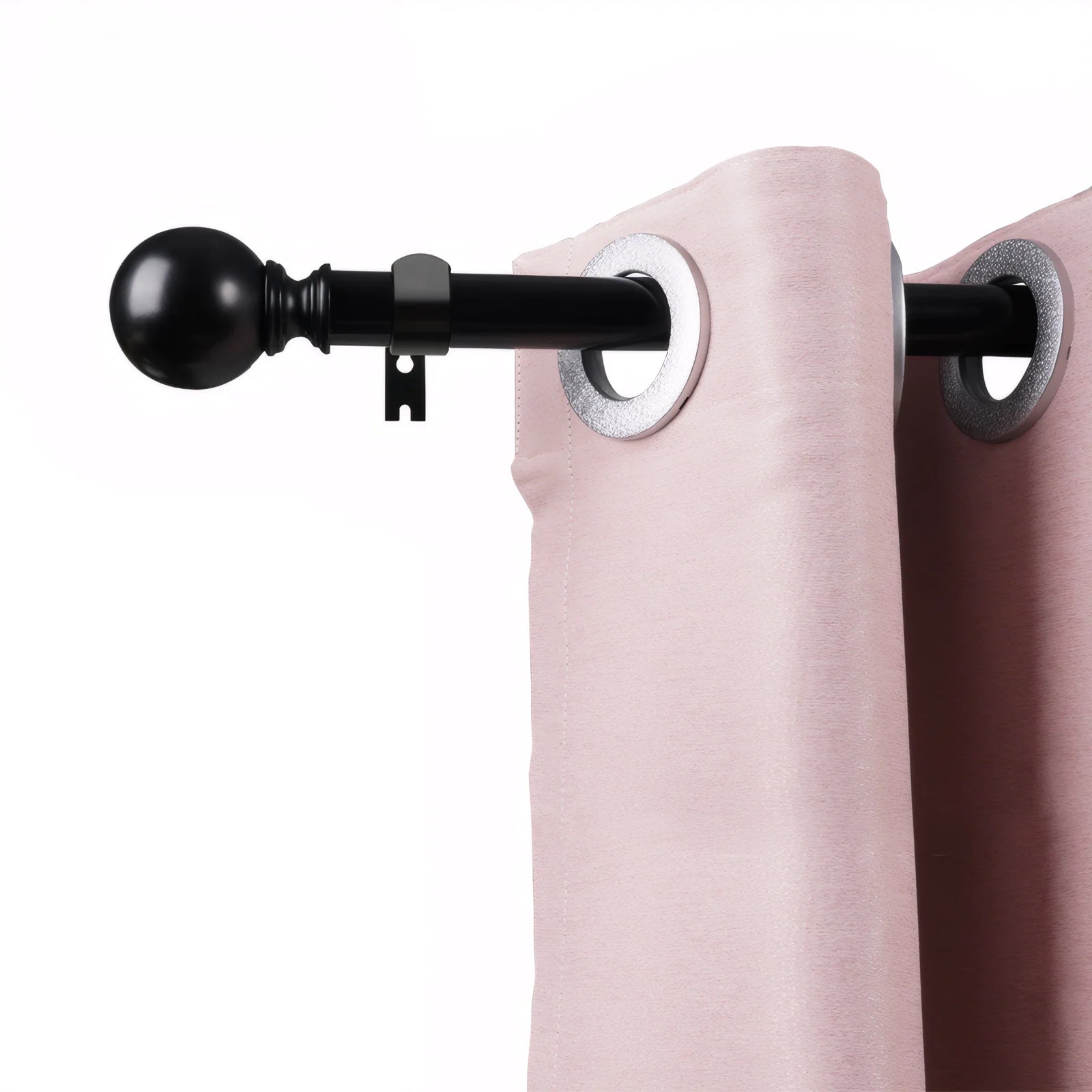Black metal curtain rod with a round ball finial, adjustable telescoping rod, and wall-mount bracket on a white background.