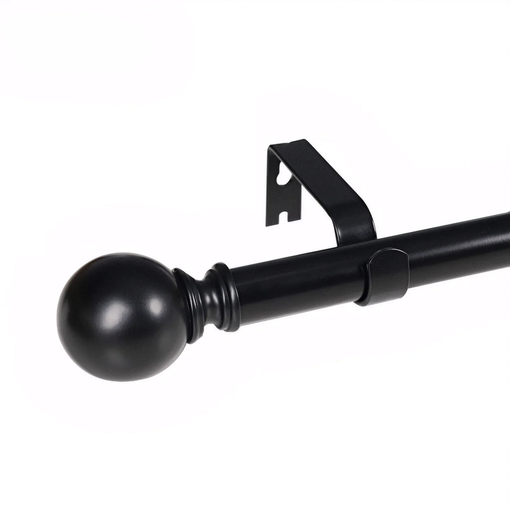 Black metal curtain rod with a round ball finial, adjustable telescoping rod, and wall-mount bracket on a white background.