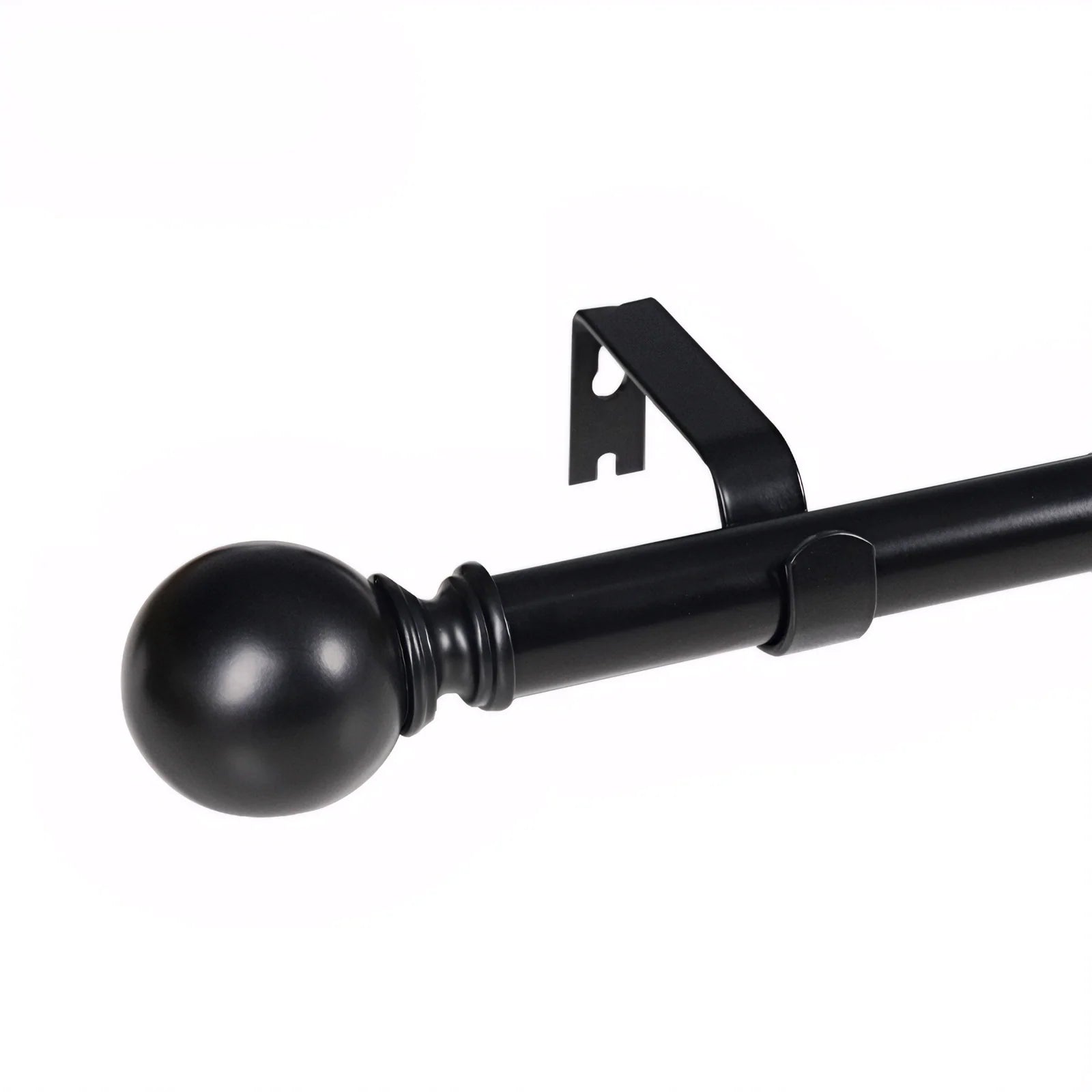 Black metal curtain rod with a round ball finial, adjustable telescoping rod, and wall-mount bracket on a white background.