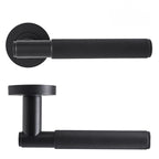 Matt black knurled lever door handle set with round rose backplates, three black door hinges, tubular latch and matching strike plate for internal doors.