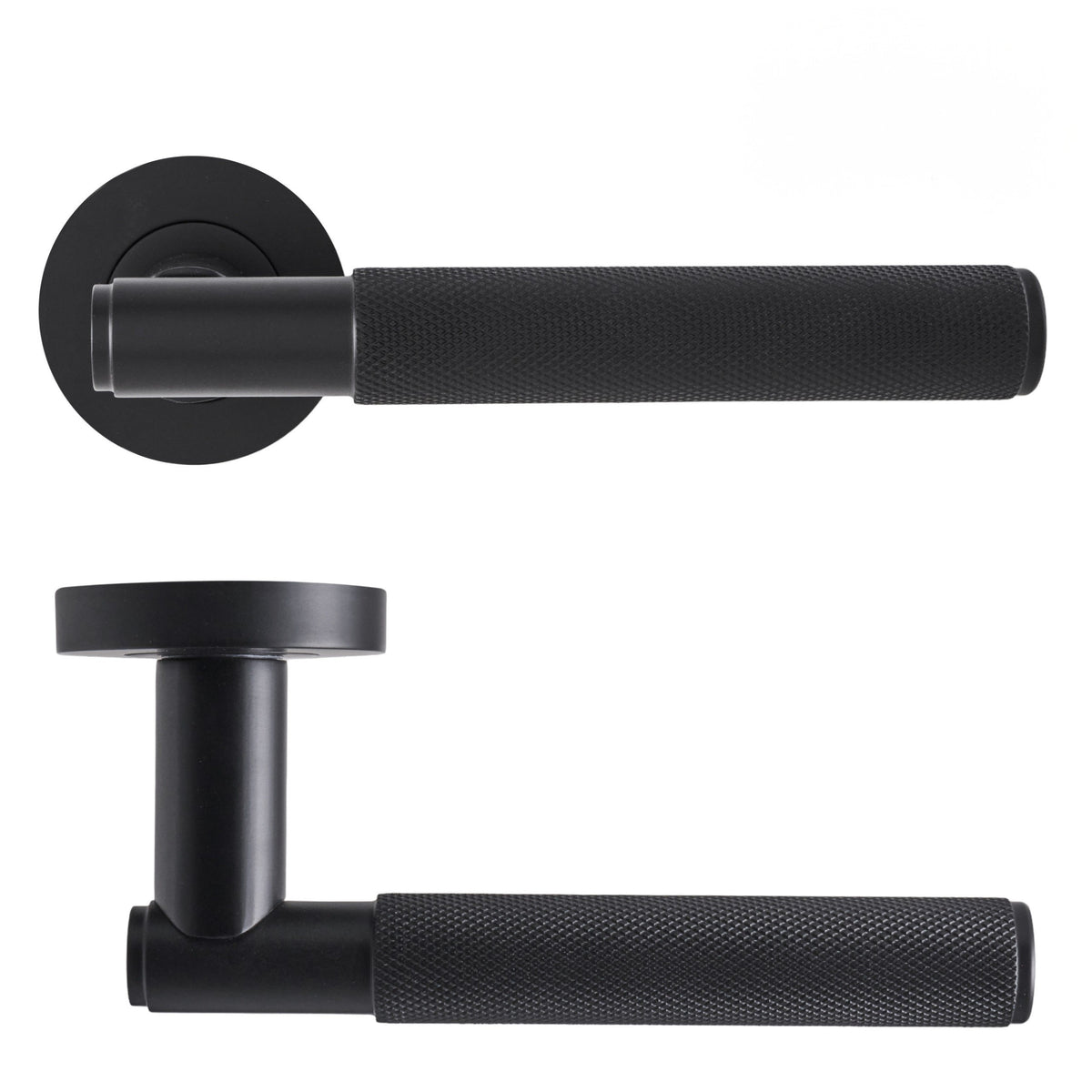 Matt black knurled lever door handle set with round rose backplates, three black door hinges, tubular latch and matching strike plate for internal doors.