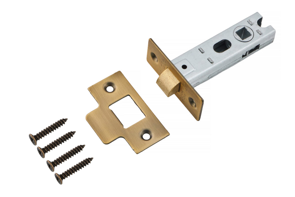 Antique brass knurled lever door handle set with round rose backplates, three matching brass door hinges, tubular latch, strike plate and fixing screws for internal doors.
