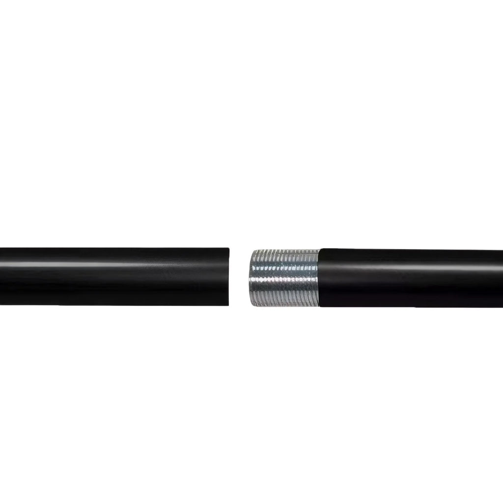 Black metal curtain rod with a round ball finial, adjustable telescoping rod, and wall-mount bracket on a white background.
