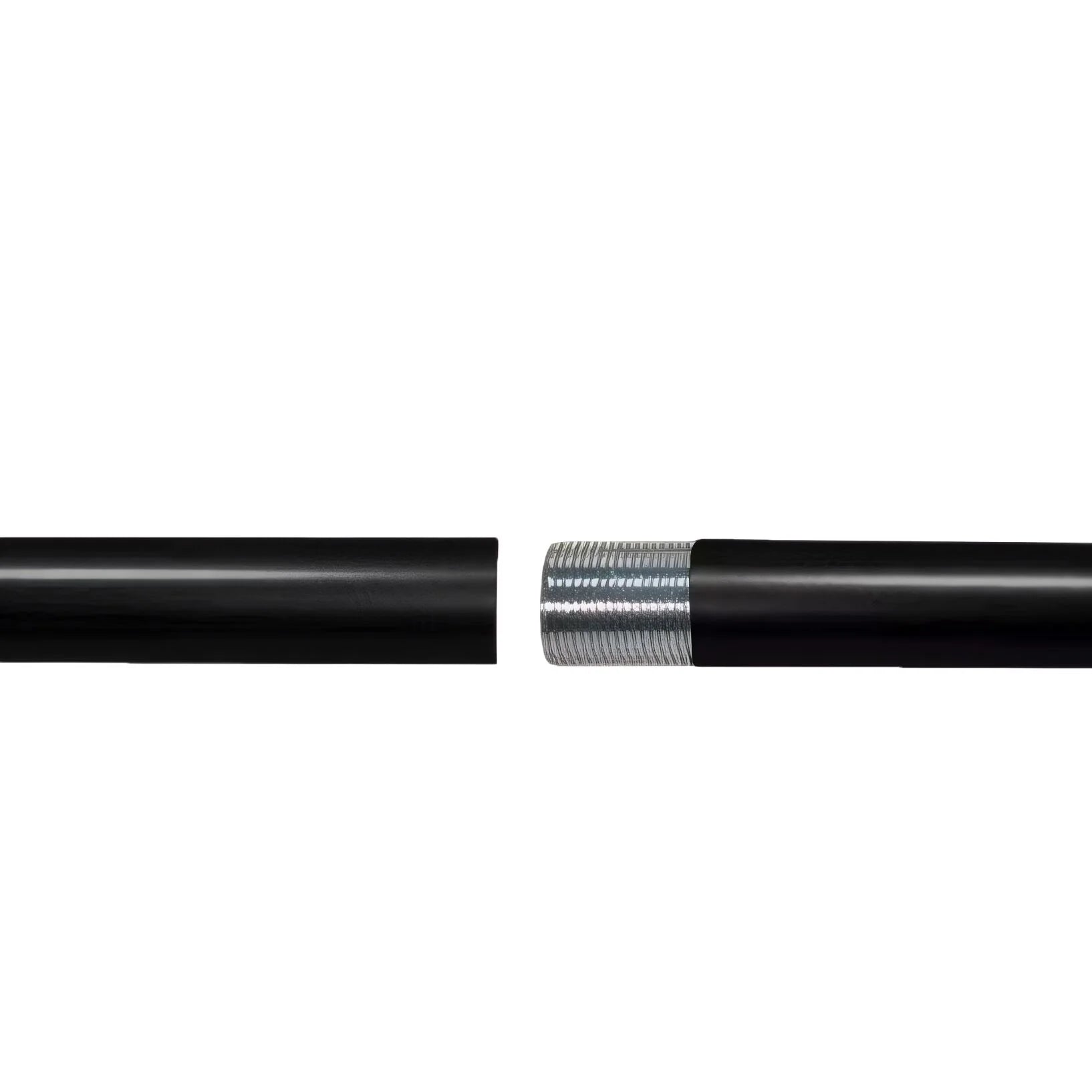 Black metal curtain rod with a round ball finial, adjustable telescoping rod, and wall-mount bracket on a white background.
